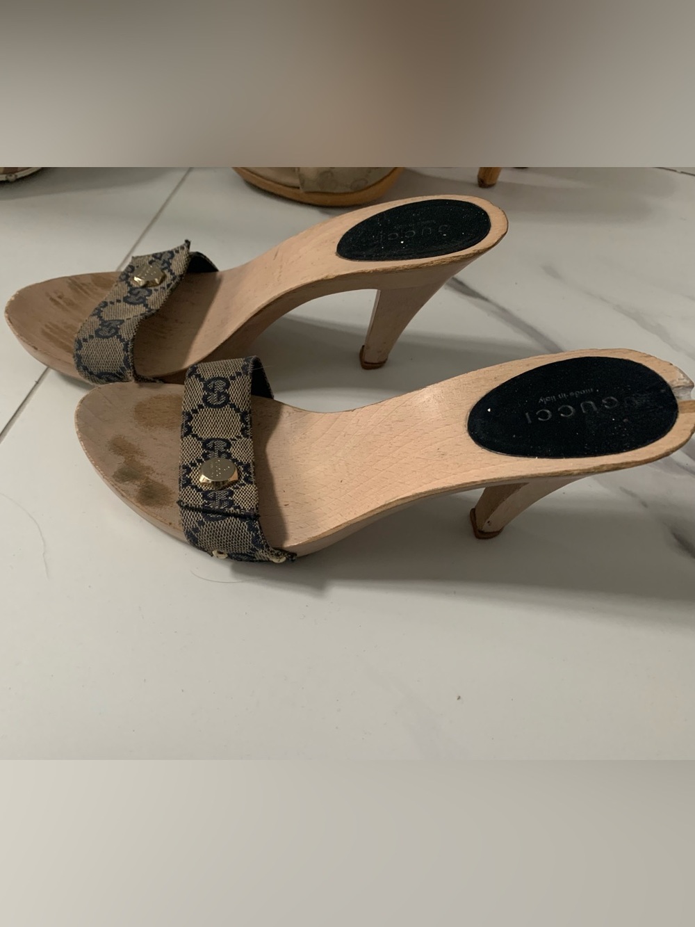 Gucci Tan Monogram Slip-On Heeled Sandals